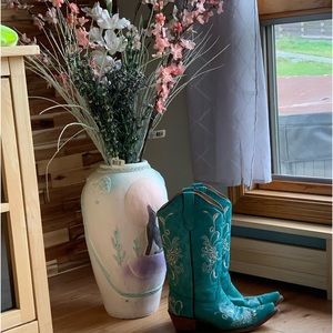 Rogers Turquoise Leather Cowboy Boots with a Floral Design and Snip Toe.